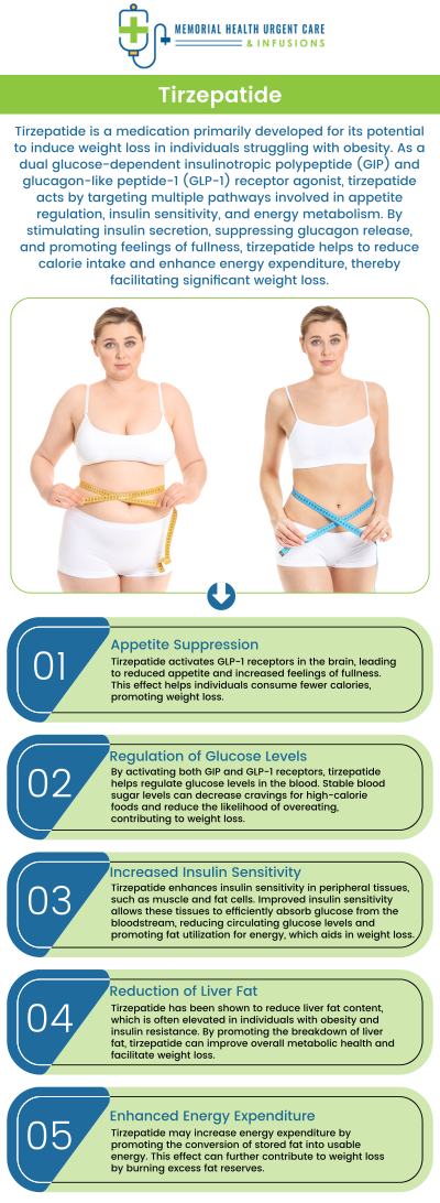 Tirzepatide is an advanced medication that mimics hormones that regulate appetite and glucose metabolism, offering a potent tool for sustainable weight loss. Clinical trials have shown impressive results, providing hope for those struggling with obesity and related health issues. If you're interested in exploring how Tirzepatide can help you achieve your weight loss goals, visit us at Memorial Health Urgent Care and Infusions for a consultation. For more information, contact us or book an appointment online. We are conveniently located at 26077 Nelson Way, Unit 104, Katy, TX 77494. Tirzepatide is an advanced medication that mimics hormones that regulate appetite and glucose metabolism, offering a potent tool for sustainable weight loss. Clinical trials have shown impressive results, providing hope for those struggling with obesity and related health issues. If you're interested in exploring how Tirzepatide can help you achieve your weight loss goals, visit us at Memorial Health Urgent Care and Infusions for a consultation. For more information, contact us or book an appointment online. We are conveniently located at 26077 Nelson Way, Unit 104, Katy, TX 77494.