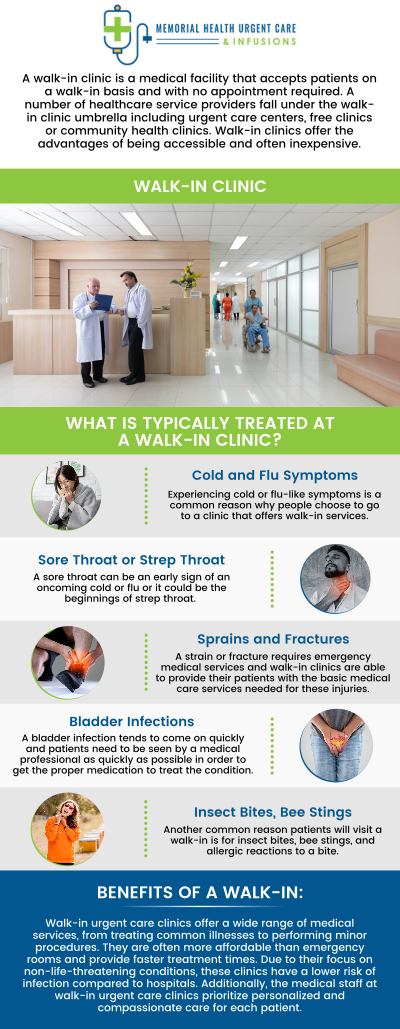 A walk-in clinic is a healthcare facility that welcomes individuals who arrive without an appointment. When you require immediate, accessible access to health services for acute conditions or injuries without an appointment, you can visit our healthcare providers at Memorial Health Urgent Care and Infusions. For more information, contact us or book an appointment online. We are conveniently located at 26077 Nelson Way, Unit 104, Katy, TX 77494. A walk-in clinic is a healthcare facility that welcomes individuals who arrive without an appointment. When you require immediate, accessible access to health services for acute conditions or injuries without an appointment, you can visit our healthcare providers at Memorial Health Urgent Care and Infusions. For more information, contact us or book an appointment online. We are conveniently located at 26077 Nelson Way, Unit 104, Katy, TX 77494.