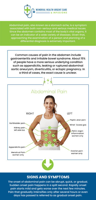 There are many potential causes of lower abdominal pain in females, ranging from minor issues to more serious conditions. Common causes include menstrual cramps, ovulation pain, and digestive problems like gas, bloating, or constipation. Visit Memorial Health Urgent Care and Infusions to seek medical attention to get a proper diagnosis and treatment. For more information, please contact us or book an appointment online. We are conveniently located at 26077 Nelson Way, Unit 104, Katy, TX 77494. There are many potential causes of lower abdominal pain in females, ranging from minor issues to more serious conditions. Common causes include menstrual cramps, ovulation pain, and digestive problems like gas, bloating, or constipation. Visit Memorial Health Urgent Care and Infusions to seek medical attention to get a proper diagnosis and treatment. For more information, please contact us or book an appointment online. We are conveniently located at 26077 Nelson Way, Unit 104, Katy, TX 77494.