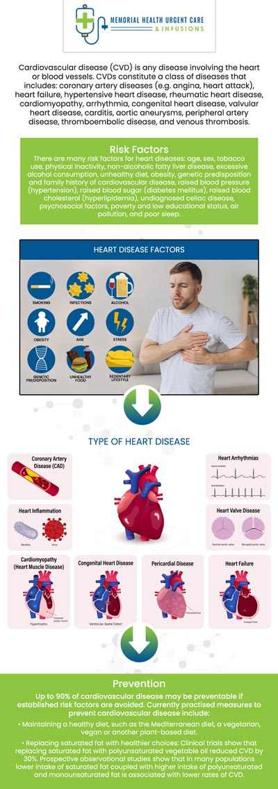 Heart disease, stroke, and other disorders are more unlikely to claim the lives of individuals with better cardiovascular health. Treatment for cardiovascular diseases might involve medications, lifestyle modifications, surgery, or other procedures, depending on the nature and source of heart damage. Visit Memorial Health Urgent Care and Infusions and speak with our committed staff if you want to enhance your cardiovascular health. For more information, contact us or book an appointment online. We are conveniently located at 26077 Nelson Way, Unit 104, Katy, TX 77494. Heart disease, stroke, and other disorders are more unlikely to claim the lives of individuals with better cardiovascular health. Treatment for cardiovascular diseases might involve medications, lifestyle modifications, surgery, or other procedures, depending on the nature and source of heart damage. Visit Memorial Health Urgent Care and Infusions and speak with our committed staff if you want to enhance your cardiovascular health. For more information, contact us or book an appointment online. We are conveniently located at 26077 Nelson Way, Unit 104, Katy, TX 77494.