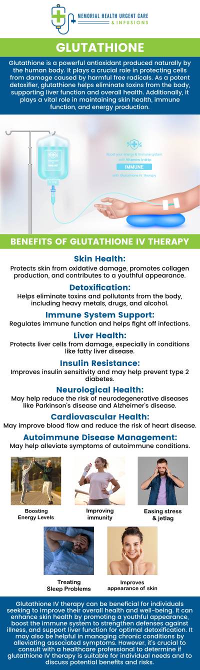 At Memorial Health Urgent Care and Infusions, we offer specialized treatments designed to enhance your skin's radiance, boost detoxification, and promote overall wellness. Glutathione helps reduce oxidative stress, improve skin tone, and strengthen your immune system. We are conveniently located at 26077 Nelson Way, Unit 104, Katy, TX 77494. For more information, please contact us or book an appointment online.