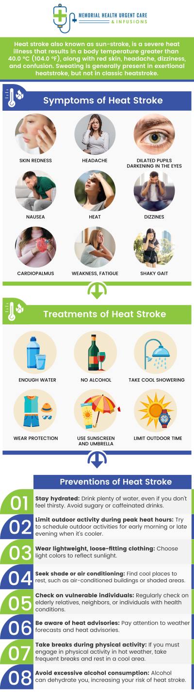Various ailments fall under the category of heat-related disorders when your body overheats. Heat exhaustion, heat stroke, and cramps are the three basic kinds. Muscle cramps, profuse perspiration, weakness, nausea, vomiting, headache, disorientation, and dry, heated skin are some of the symptoms. Heat-related illness treatment is available at Memorial Health Urgent Care and Infusions. For more information, contact us today or book an appointment online now! We are conveniently located at 26077 Nelson Way Suite 104, Katy, TX 77494. Various ailments fall under the category of heat-related disorders when your body overheats. Heat exhaustion, heat stroke, and cramps are the three basic kinds. Muscle cramps, profuse perspiration, weakness, nausea, vomiting, headache, disorientation, and dry, heated skin are some of the symptoms. Heat-related illness treatment is available at Memorial Health Urgent Care and Infusions. For more information, contact us today or book an appointment online now! We are conveniently located at 26077 Nelson Way Suite 104, Katy, TX 77494.
