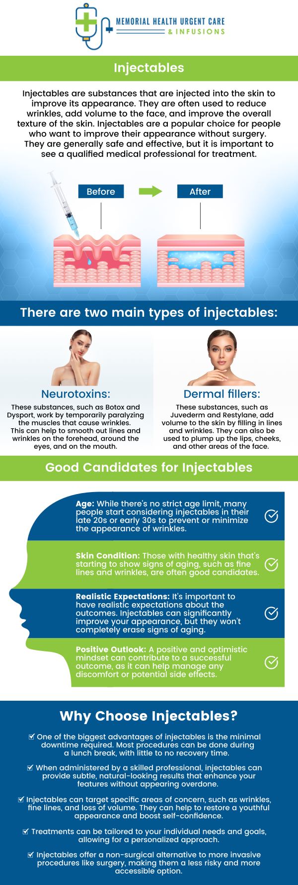 Our highly qualified professionals at Memorial Health Urgent Care and Infusions can provide you with advice on the important injections that are ideal for your health and well-being. In addition to providing innovative IV treatment injections, we can provide various injectables including injections for vitamin D, dexamethasone, toradol, Zofran, ceftriaxone, Tdap vaccine for injury, and lipotropic B12 injections to improve your body's natural healing process, strengthen your immunological response, and increase your vitality and overall health. For more information, please contact us or book an appointment online. We are conveniently located at 26077 Nelson Way, Unit 104, Katy, TX 77494. Our highly qualified professionals at Memorial Health Urgent Care and Infusions can provide you with advice on the important injections that are ideal for your health and well-being. In addition to providing innovative IV treatment injections, we can provide various injectables including injections for vitamin D, dexamethasone, toradol, Zofran, ceftriaxone, Tdap vaccine for injury, and lipotropic B12 injections to improve your body's natural healing process, strengthen your immunological response, and increase your vitality and overall health. For more information, please contact us or book an appointment online. We are conveniently located at 26077 Nelson Way, Unit 104, Katy, TX 77494.