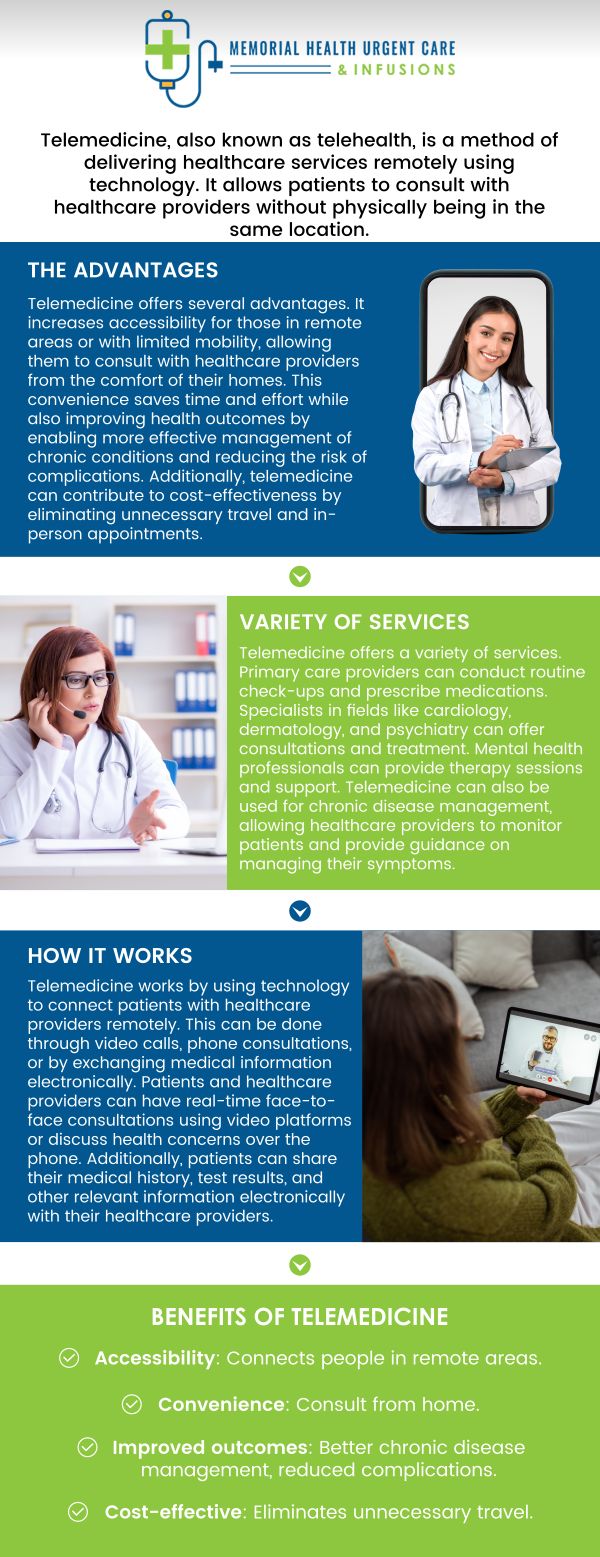 Memorial Health Urgent Care and Infusions offers telemedicine facilities in their home. These services provide patients with rapid and easy access to healthcare specialists for urgent needs. This service minimizes the need for in-person consultations while providing high-quality medical care by guaranteeing prompt treatment for a variety of diseases. We are conveniently located at 26077 Nelson Way, Unit 104, Katy, TX 77494. For more information, please contact us or book an appointment online. Memorial Health Urgent Care and Infusions offers telemedicine facilities in their home. These services provide patients with rapid and easy access to healthcare specialists for urgent needs. This service minimizes the need for in-person consultations while providing high-quality medical care by guaranteeing prompt treatment for a variety of diseases. We are conveniently located at 26077 Nelson Way, Unit 104, Katy, TX 77494. For more information, please contact us or book an appointment online.